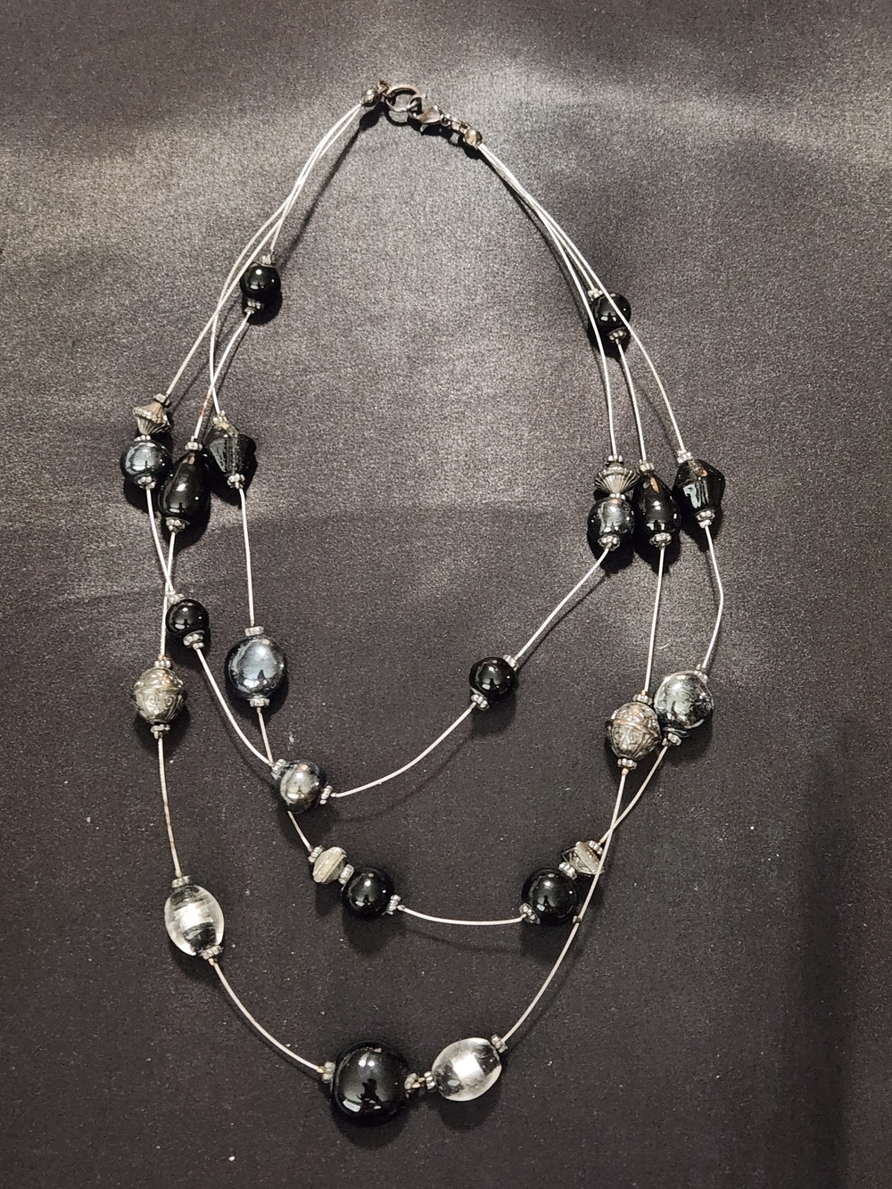 Multi-Strand Black and Silver Beaded Necklace